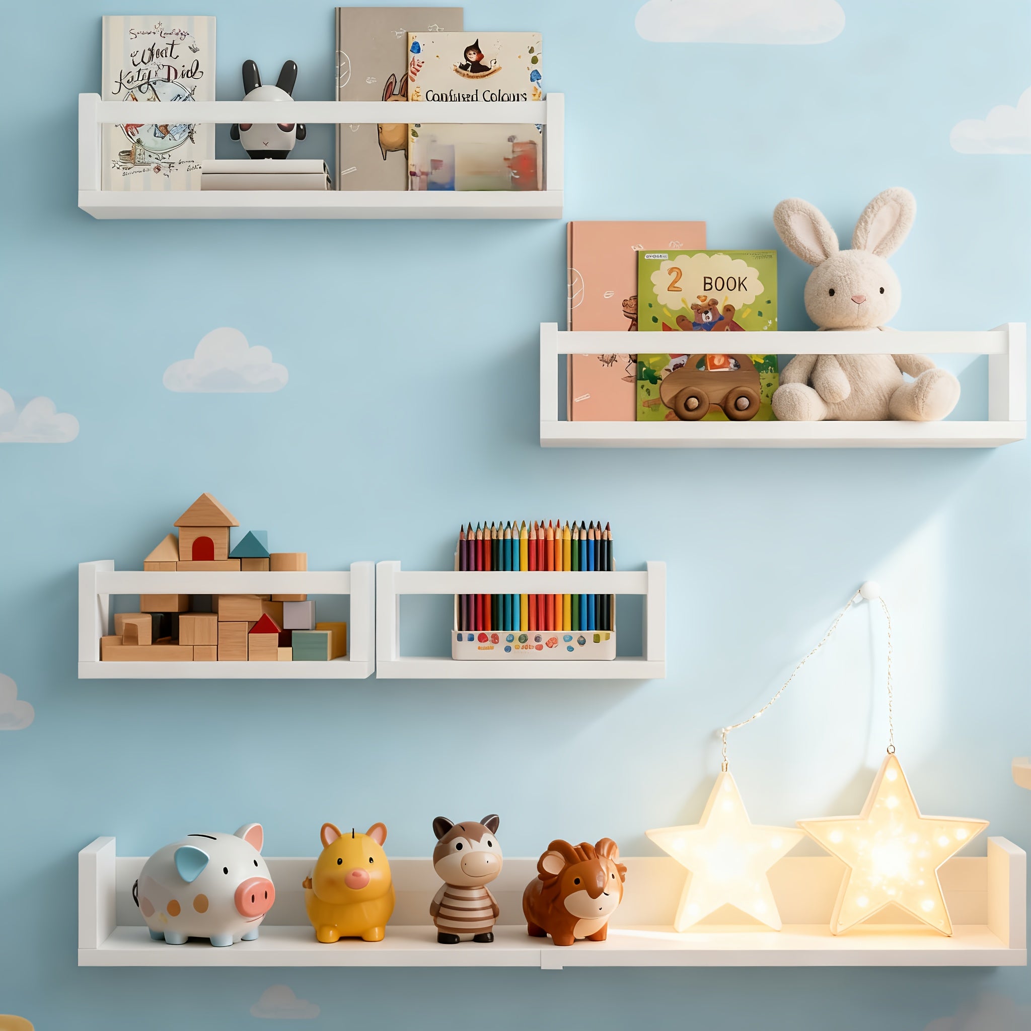 5pcs White Nursery Bookshelves Set - DIY Floating Shelves with 5-Tier Storage (32in, 2x16.5in, 2x10in) - Wall-Mounted Kids Room Shelving Suitable for Nursery, Room, Kids' Room - Easy Assembly, Space-Saving Bookcase