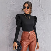 Slim‑Fit Black Tweed‑Puff Sleeve Top – Elegant Long‑Sleeve