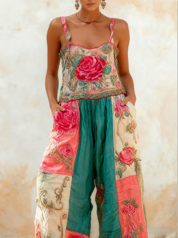 Bohemian Style Rose Embroidered Floral Patchwork Jumpsuit