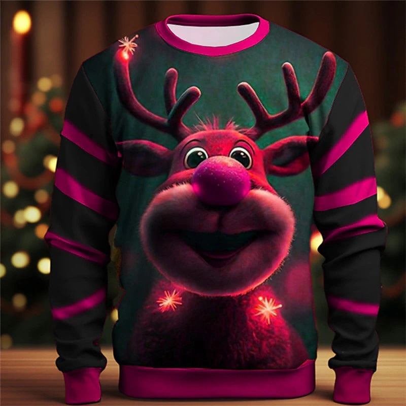 Festive Christmas Elk Print Crewneck Sweater