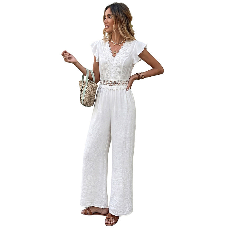 French-style Ruffled Lace Cutout Jumpsuit