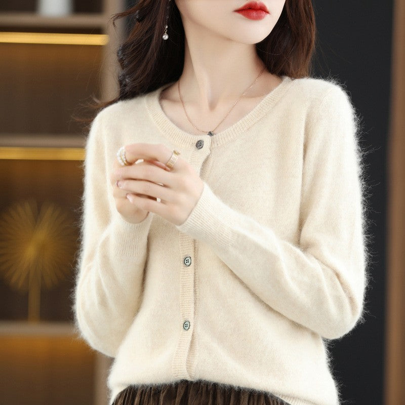 Womens Loose Button-up Solid-color Cropped Sweater with a Crew Neck