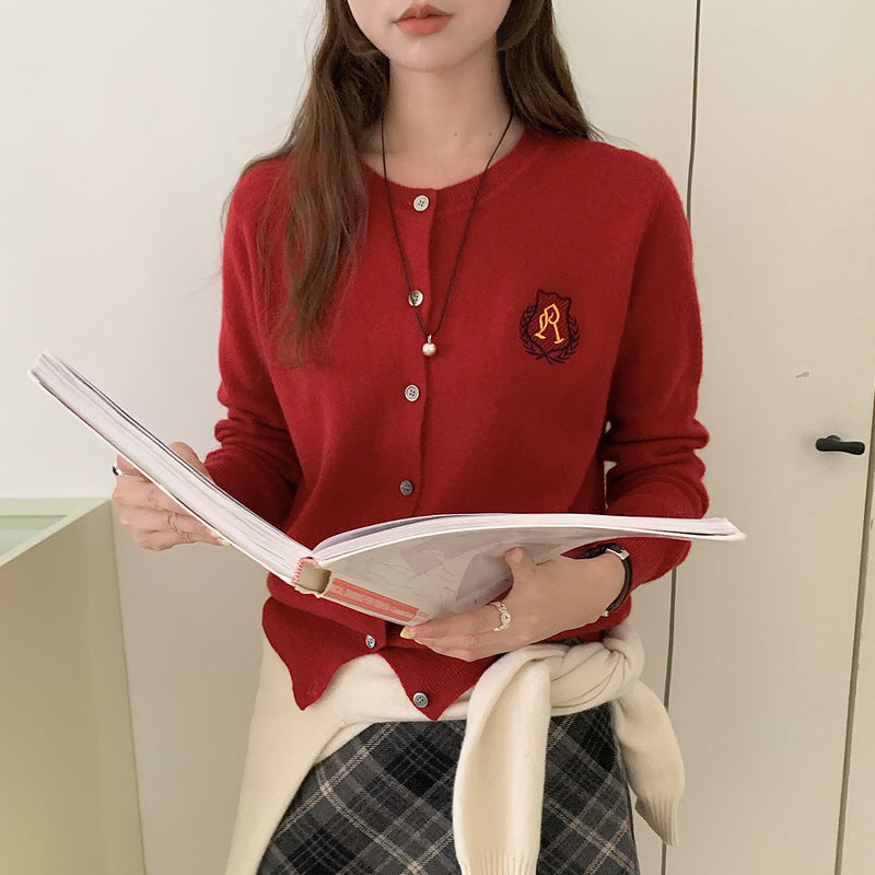 College Style Badge Embroidered Knitted Cardigan for Women