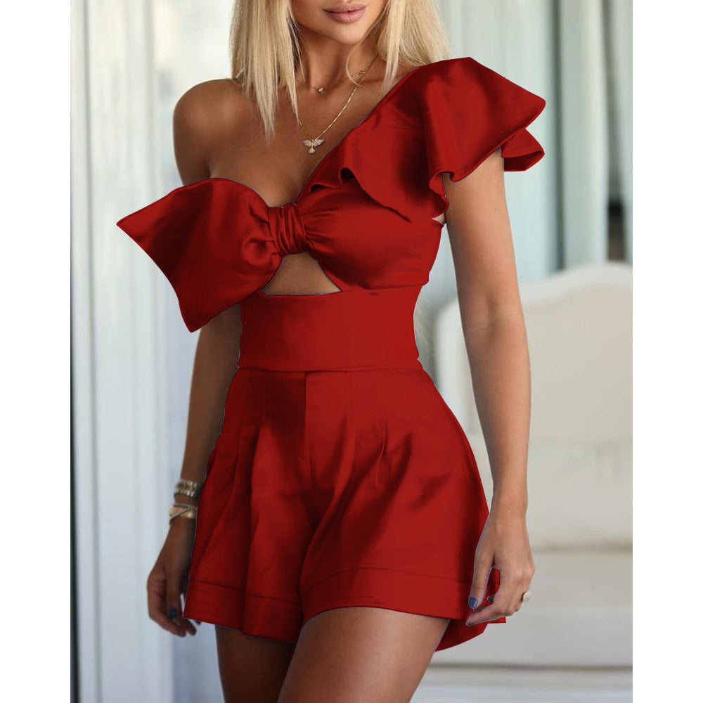 One-Shoulder Bow Ruffled Romper Shorts