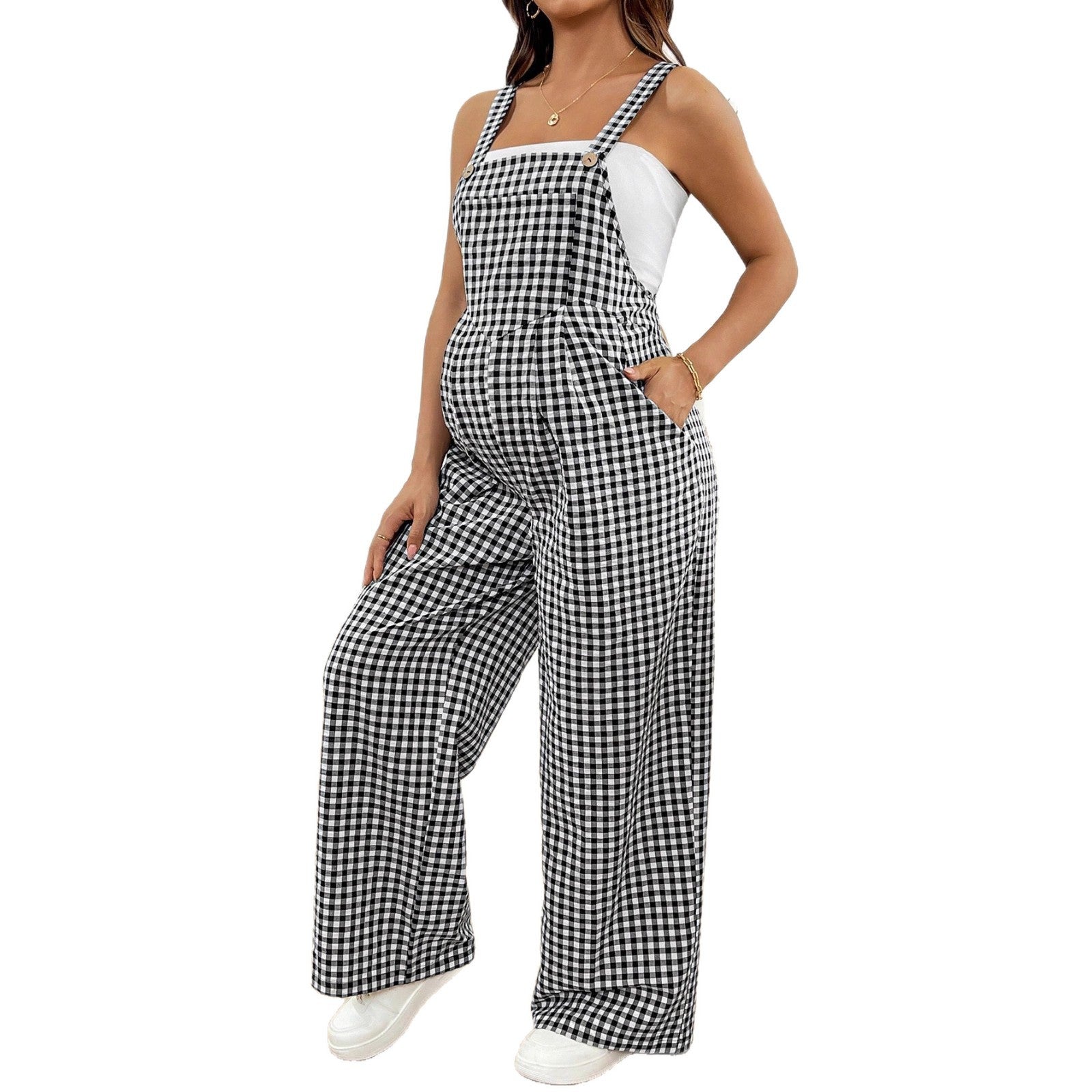 Comfy Plaid Maternity Suspender Jumpsuit for Spring & Summer