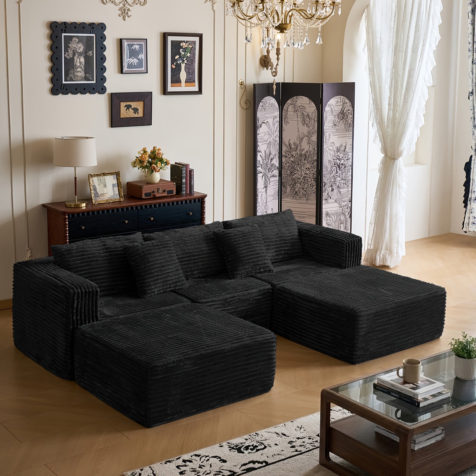 Modular L-shaped chaise longue sofa bed with deep seat and corduroy upholstery