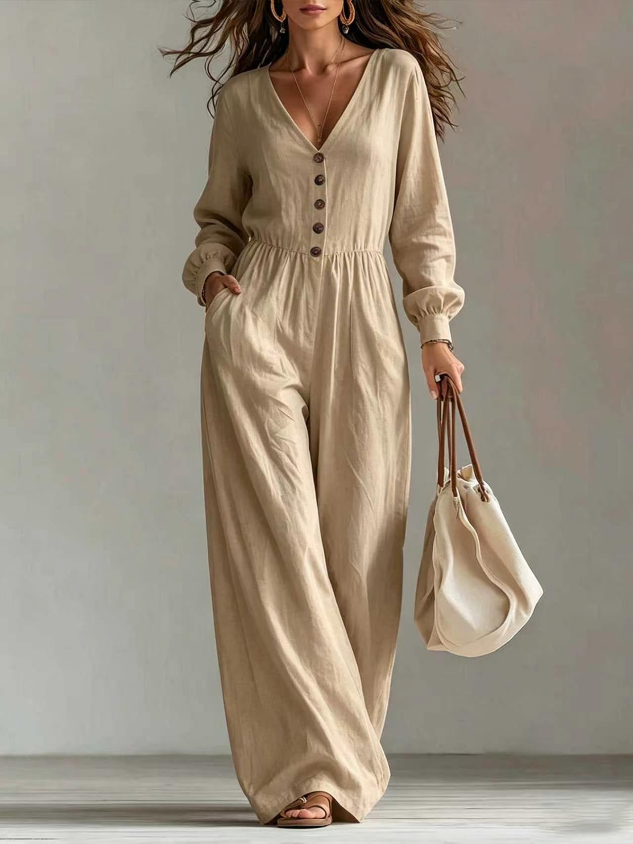 New Autumnwinter Casual Chic Womens V-neck Long-sleeve Jumpsuit With Pockets