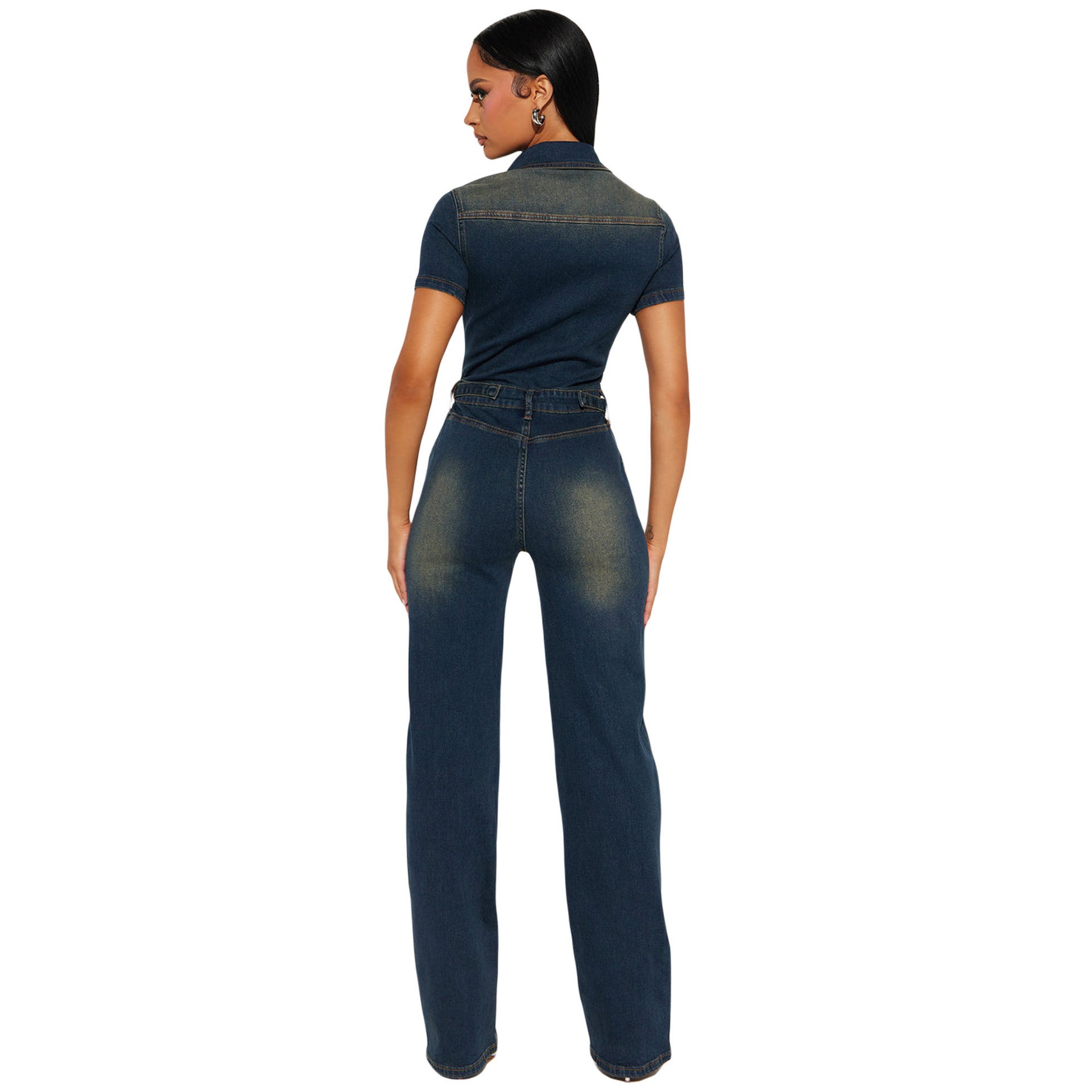 Washed Denim Waist-Slimming Elastic Jumpsuit