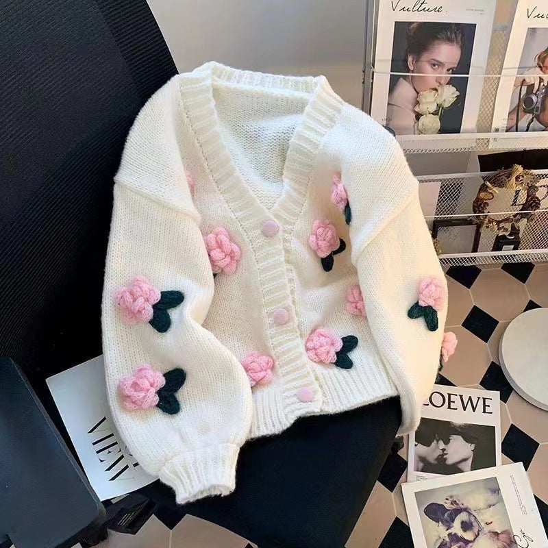 Women's Three-dimensional Flower Knitted Cardigan Loose Sweater Coat