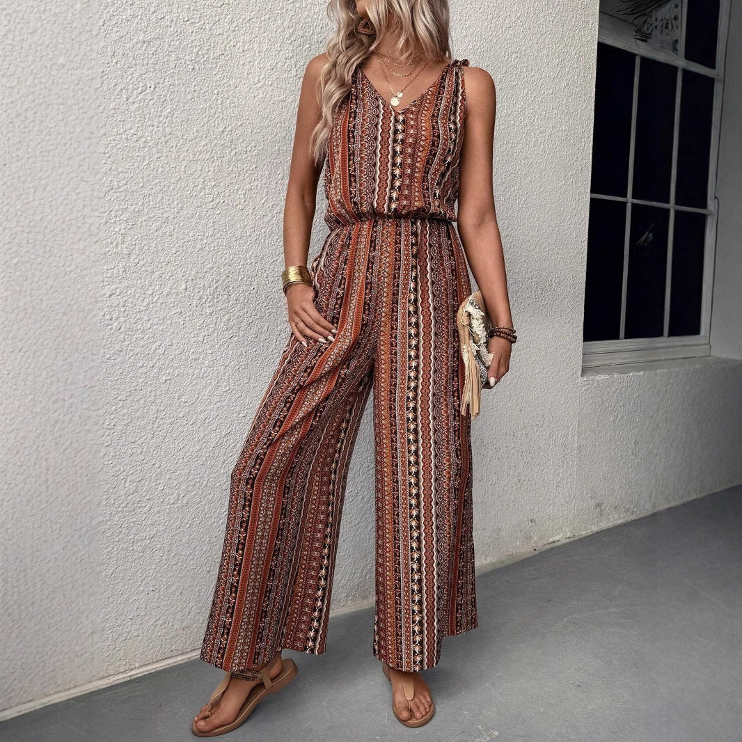Casual Striped Wide-Leg Jumpsuit with Straps & Elastic Waist