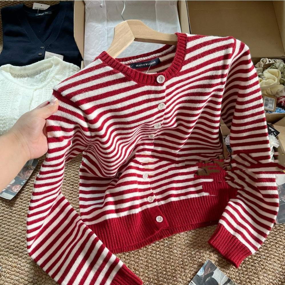 Korean-style Red Striped Knit Cardigan for Women in Autumn