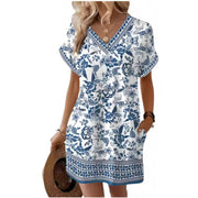 European and American-style Fashionable Printed Loose-fit V-neck Short-sleeve Dress