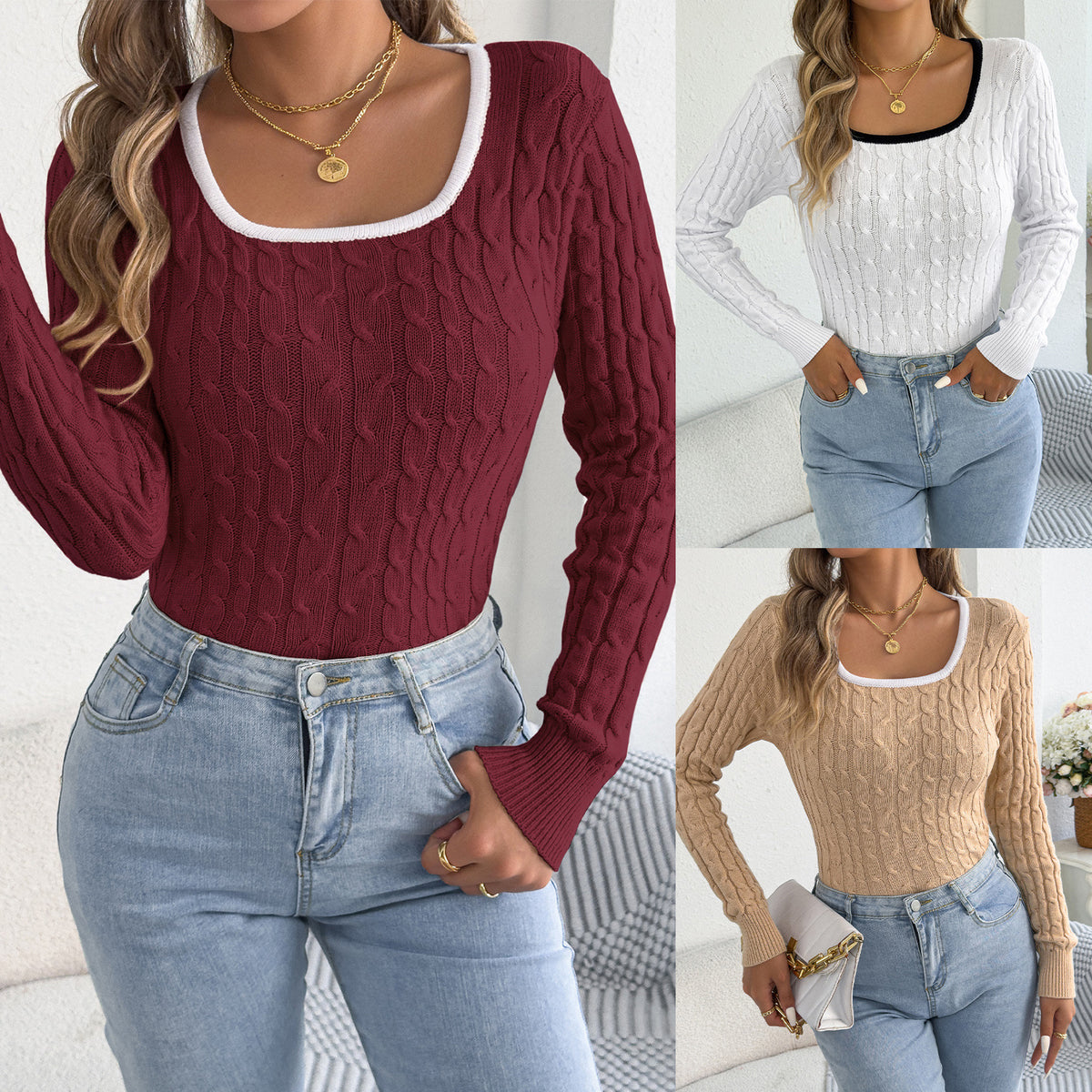 Casual Colorblock Square-neck Cable-knit Long-sleeve Slim-fit Sweater for Women