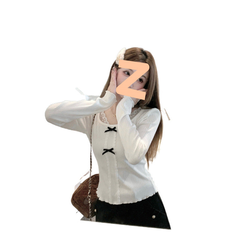 Bow Lace Stitching Long Sleeve T-shirt Women's Bottoming Top
