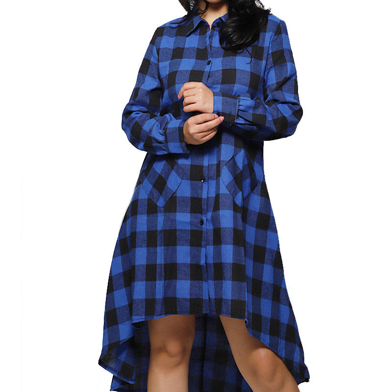 Boyfriend Style Casual Pocket Long Sleeve Plaid Polo Shirt Irregular Coat