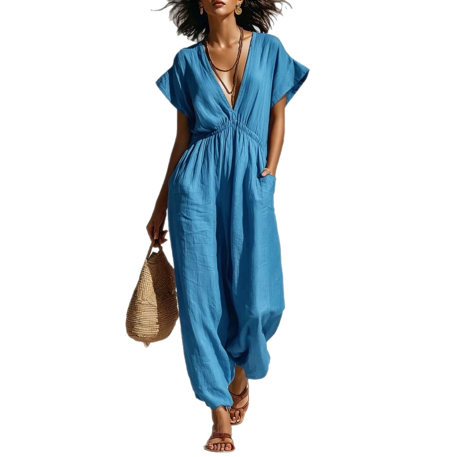 Womens V-neck Relaxed-fit Waist-cinching Jumpsuit