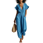 Womens V-neck Relaxed-fit Waist-cinching Jumpsuit