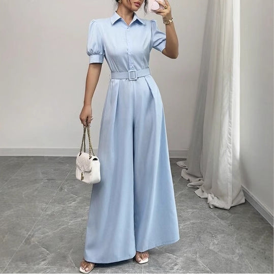 Elegant French Puff Sleeve Belted Wide-Leg Jumpsuit