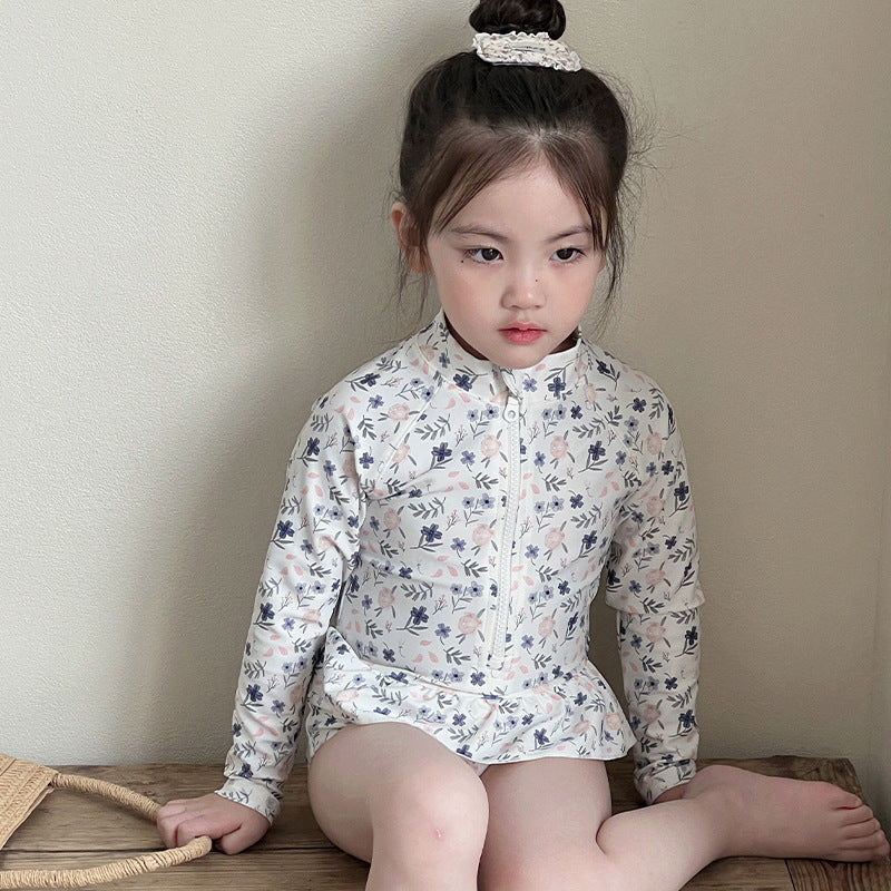Girls' Long-Sleeve Floral One-Piece Swimsuit