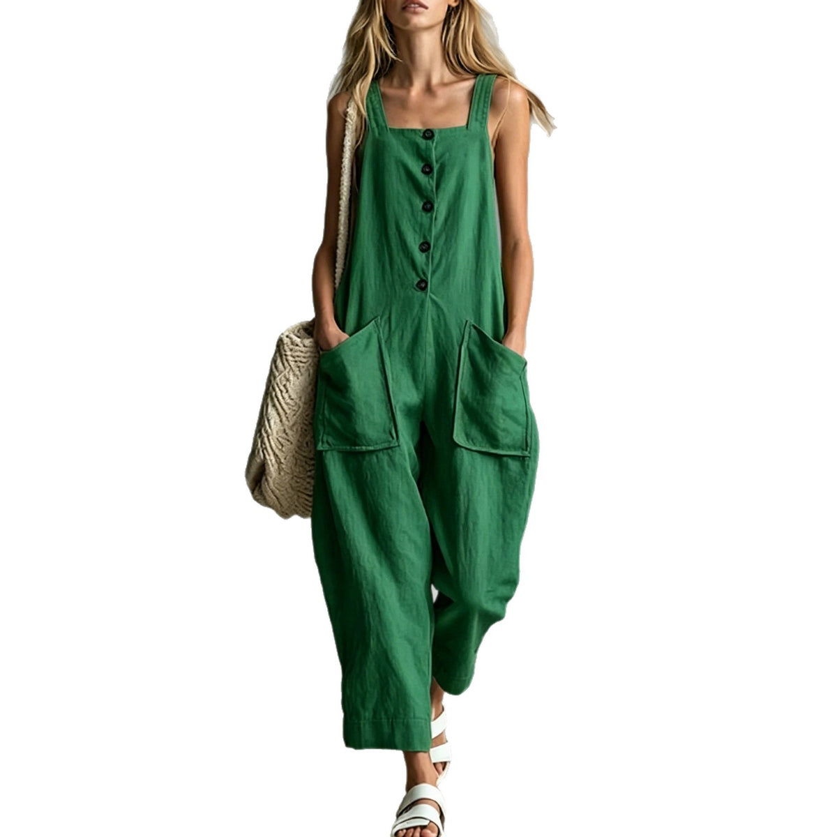 Wide-Leg Linen Overalls with Pockets
