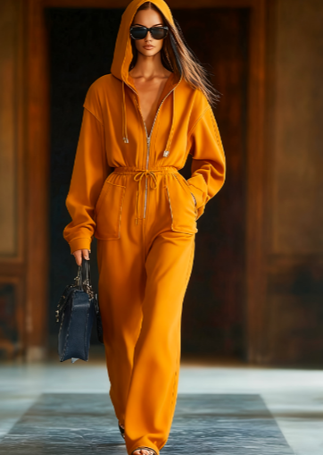 Women's Casual Hooded Zip Jumpsuit with Drawstring Waist