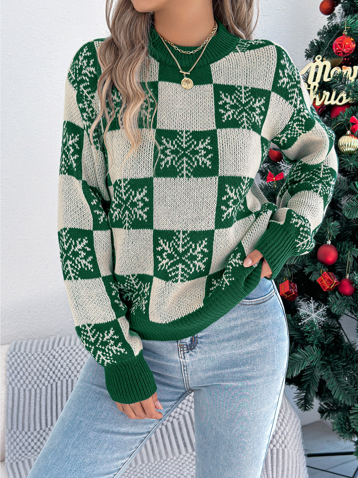 Snowflake Plaid Lantern Sleeve Pullover Sweater