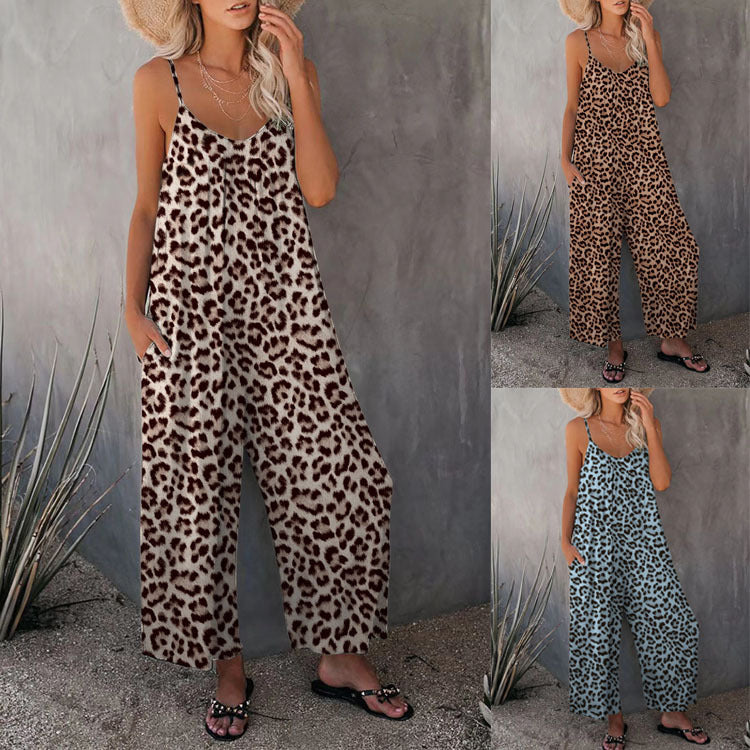Casual Sleeveless Leopard-Print Jumpsuit With Pockets And A Relaxed Fit