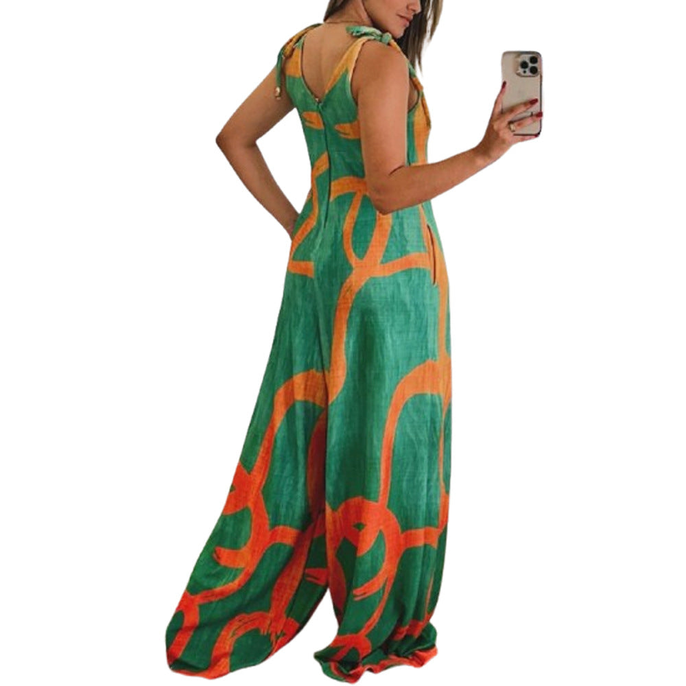 Boho Printed V-Neck Wide-Leg Romper with Pockets
