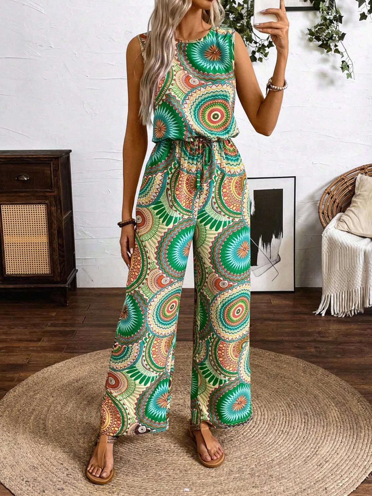 Women's Printed Sleeveless Straight Jumpsuit