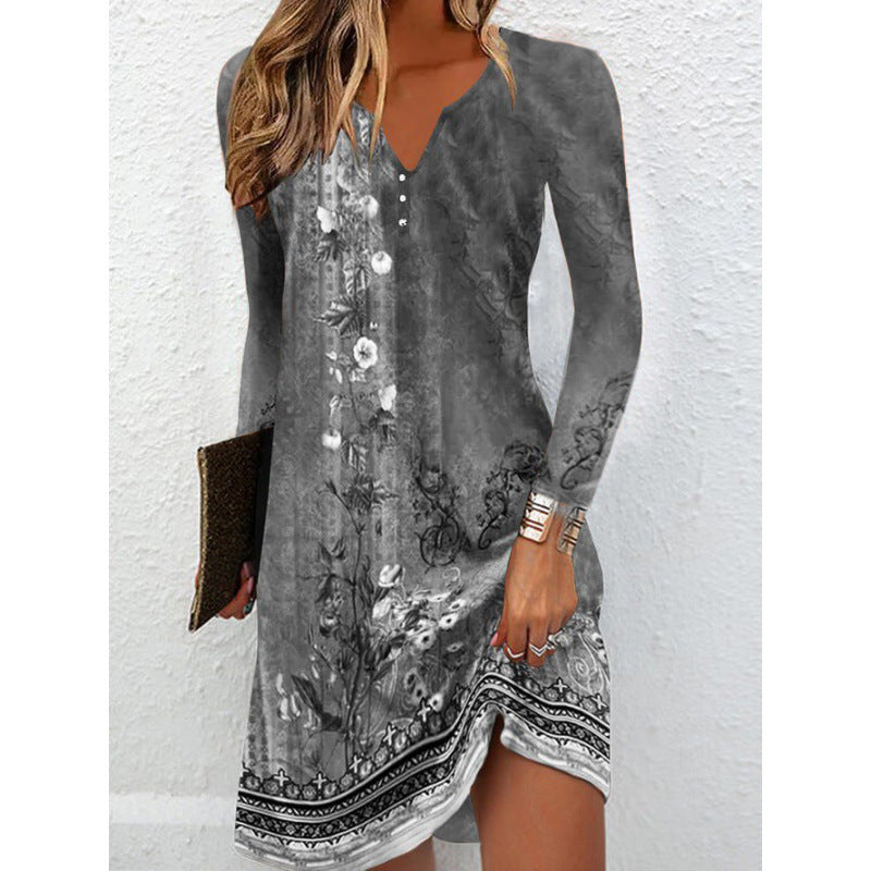 Long-sleeve V-neck Buttoned Asymmetrical Dress for Women