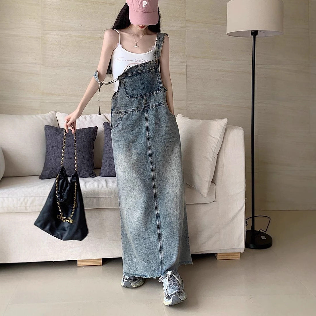 Retro Denim Slip Dress Casual Sleeveless Long Strap Dress