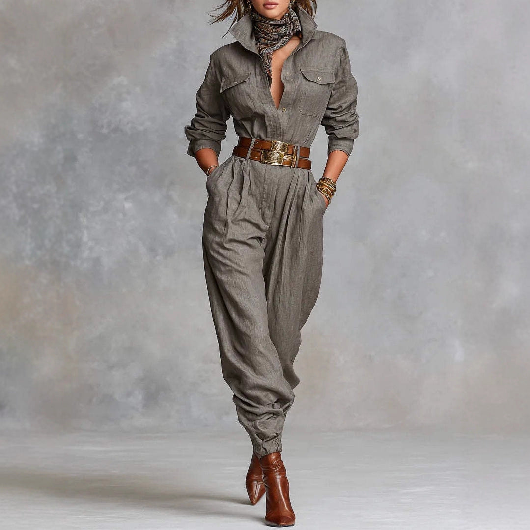 Chic Cotton-Linen Long-Sleeve Lapel Jumpsuit