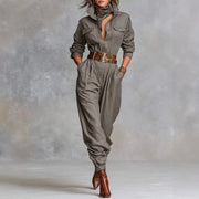 Chic Cotton-Linen Long-Sleeve Lapel Jumpsuit