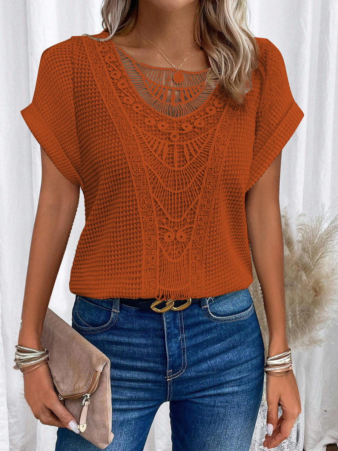 Independent Site Hollowed Lace Patchwork Plus-size Short-sleeve T-shirt Cross-border