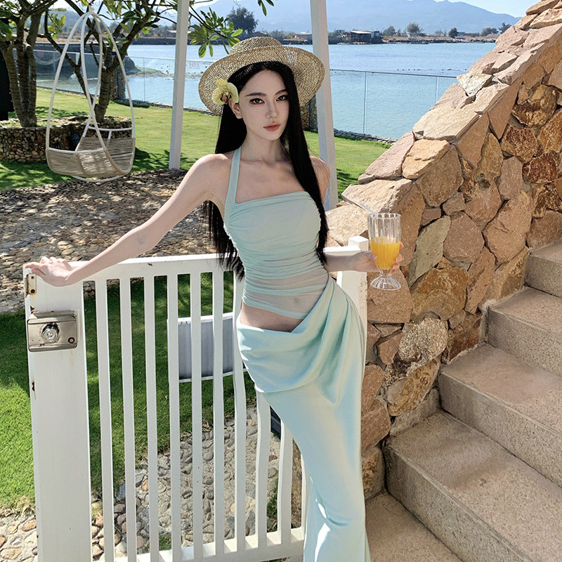 Halter-neck Long-sleeve Midi Dress for Women
