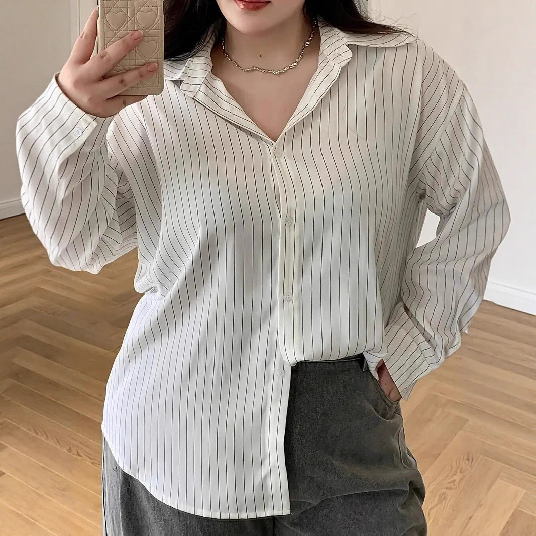 Vertical Stripe Long Sleeve Loose Oversized Shirt