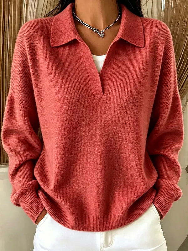 Turn-down Ribbed Knit Sweater Loose-fitting Figure-flattering Casual V-neck Pullover