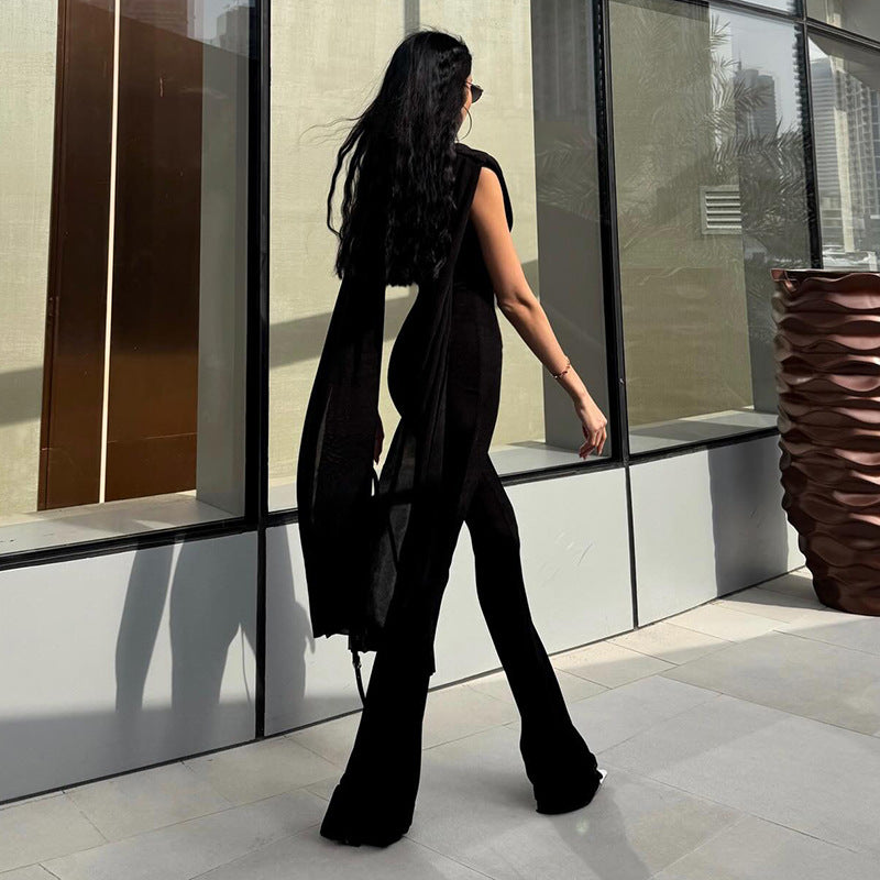 Elegant High-Waist Mesh Jumpsuit with Flowing Ribbons