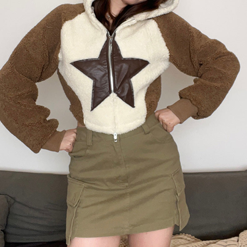 Hooded Star Patch Lamb Wool Coat