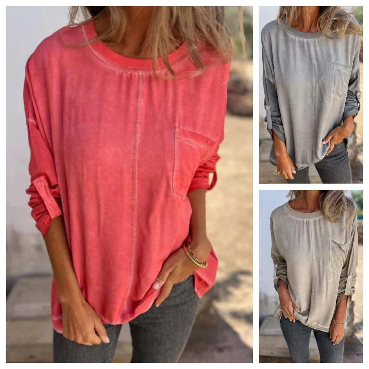 Women's Loose Pocket Pullover Long Sleeve Top