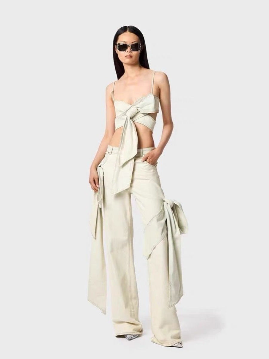 Sexy Bow Tie Denim Crop Top & Ultra Short Set