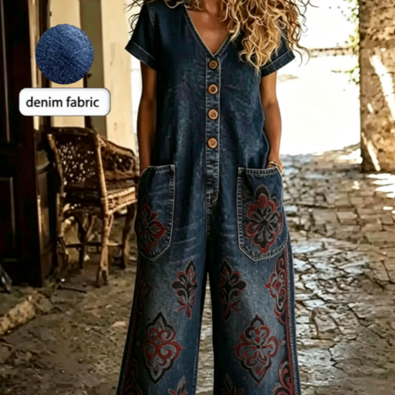 Casual Denim Short-Sleeve Wide-Leg Jumpsuit with Pockets
