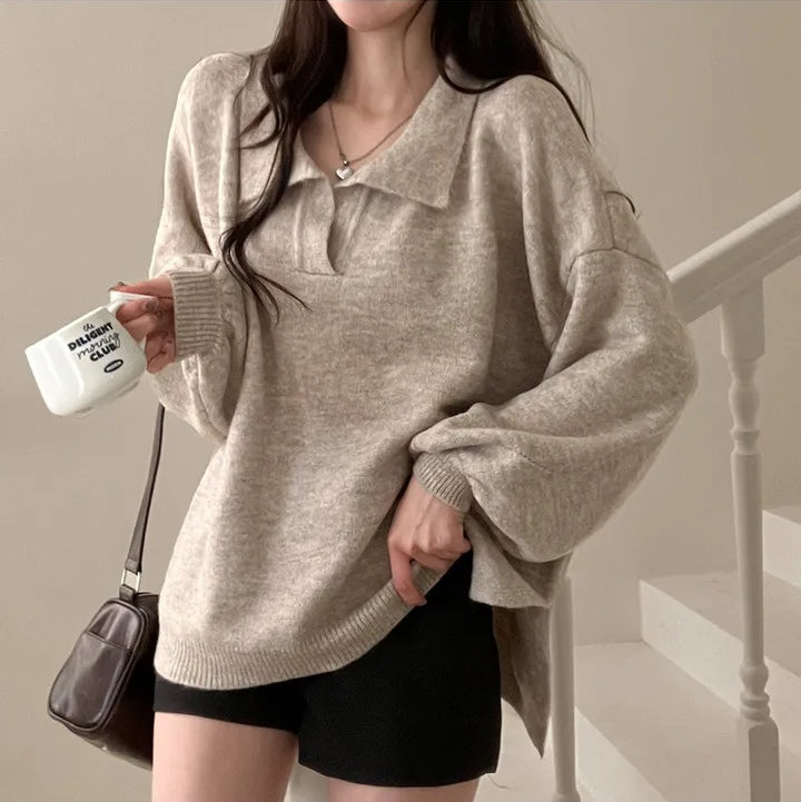 Womens Polo-neck Sweater Loose-fit Warm Mid-length Knitted Top