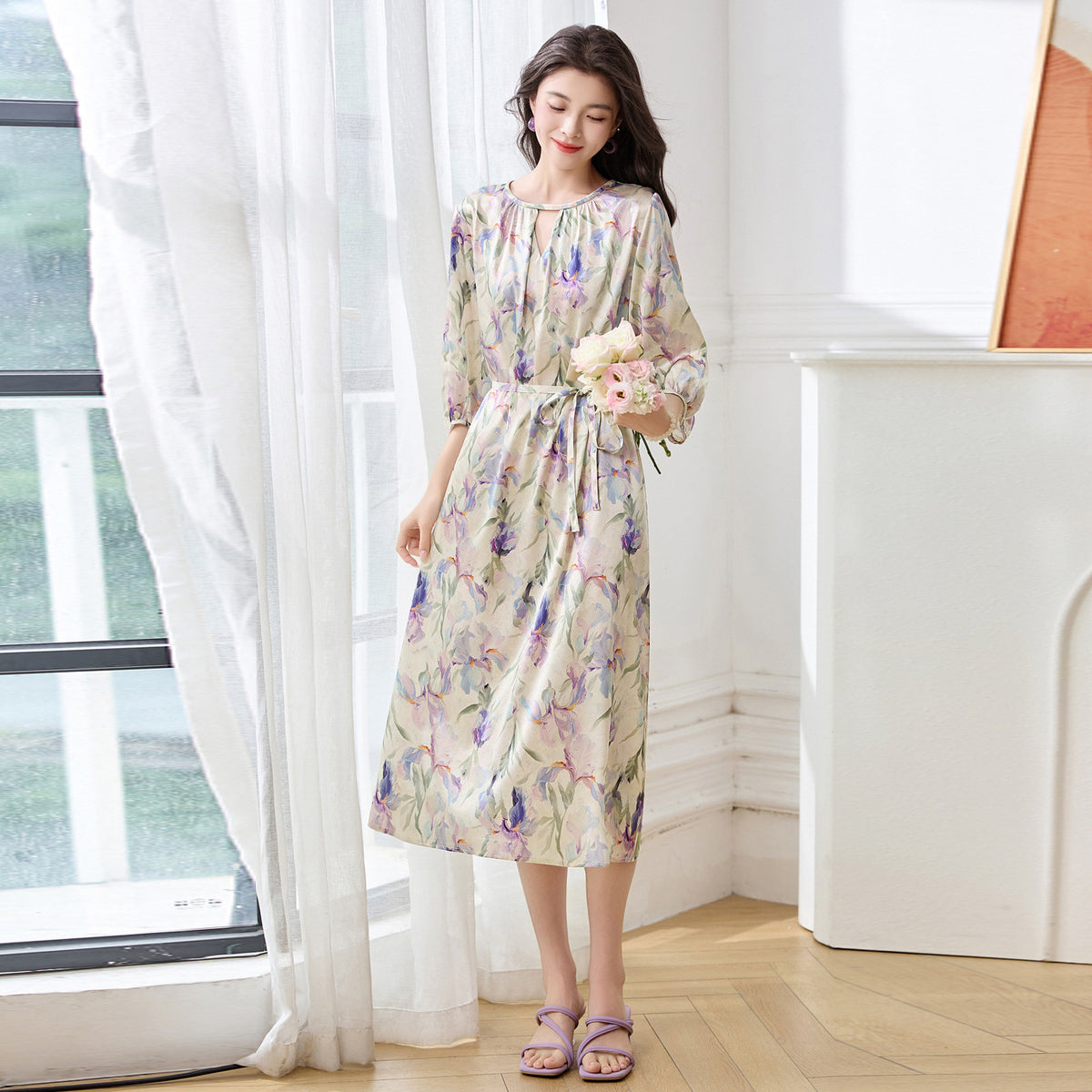 Silk A-Line Three-Quarter Sleeve Printed Midi Dress