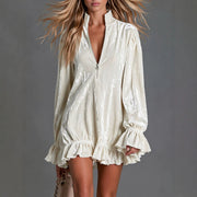 Womens Retro Half-zip Stand-neck Long-sleeve Dress