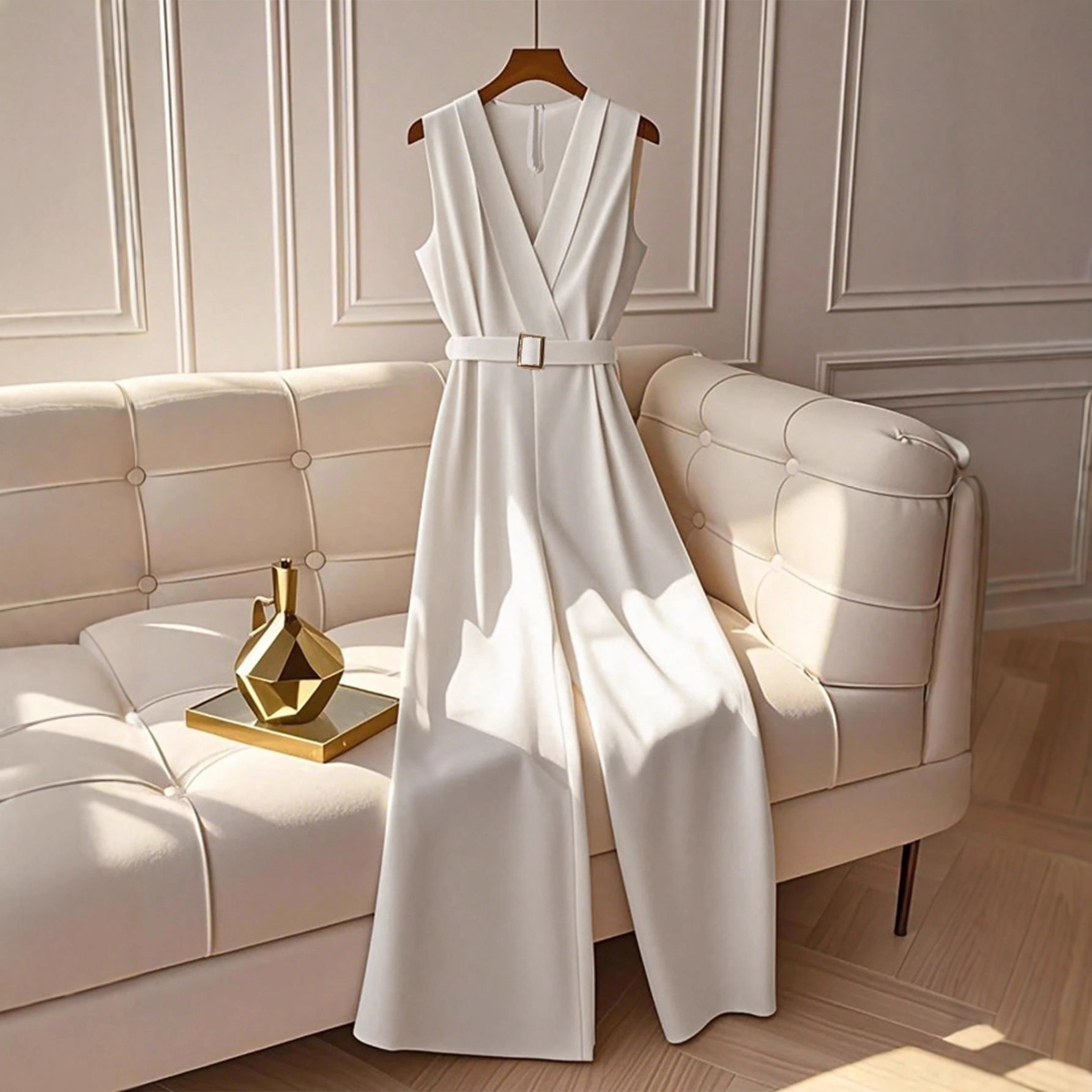 Elegant White High-Waisted Sleeveless Jumpsuit