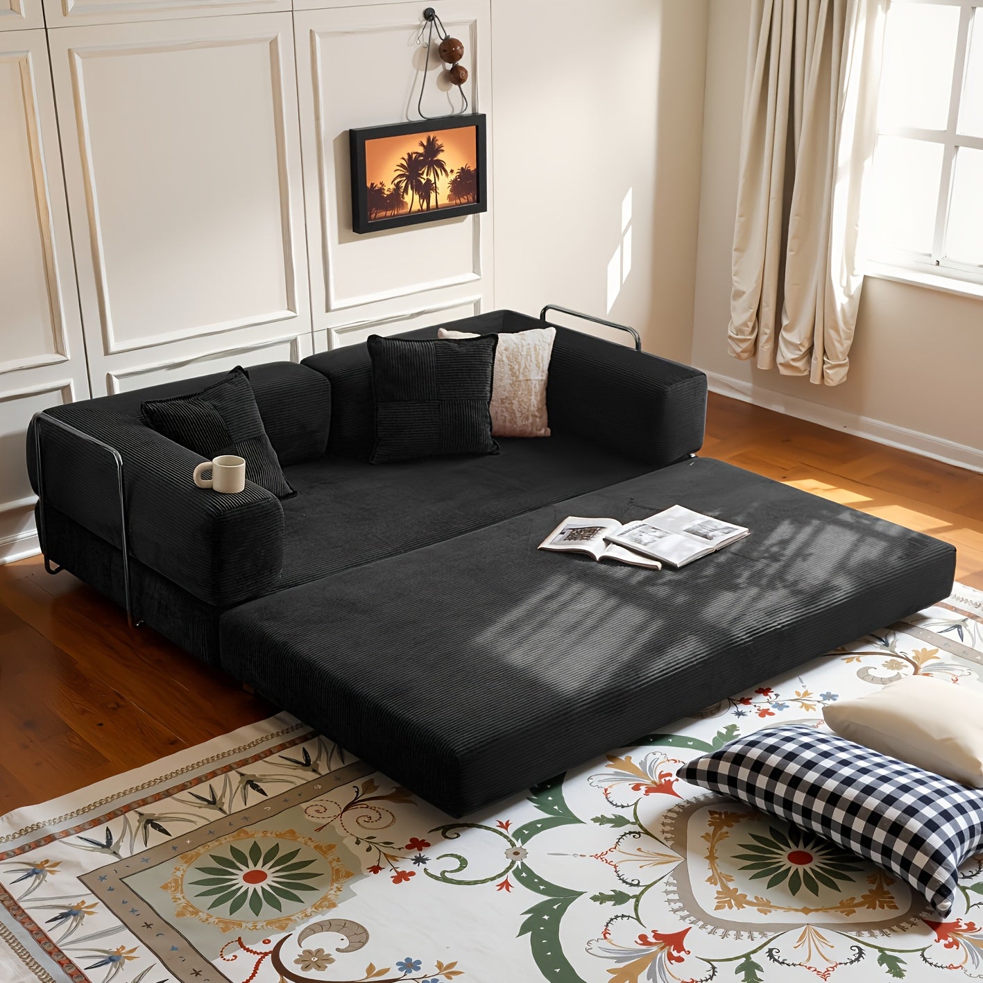 Modular L-shaped chaise longue sofa bed with deep seat and corduroy upholstery