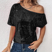 Loose Off-Shoulder Sequin T-Shirt for Women