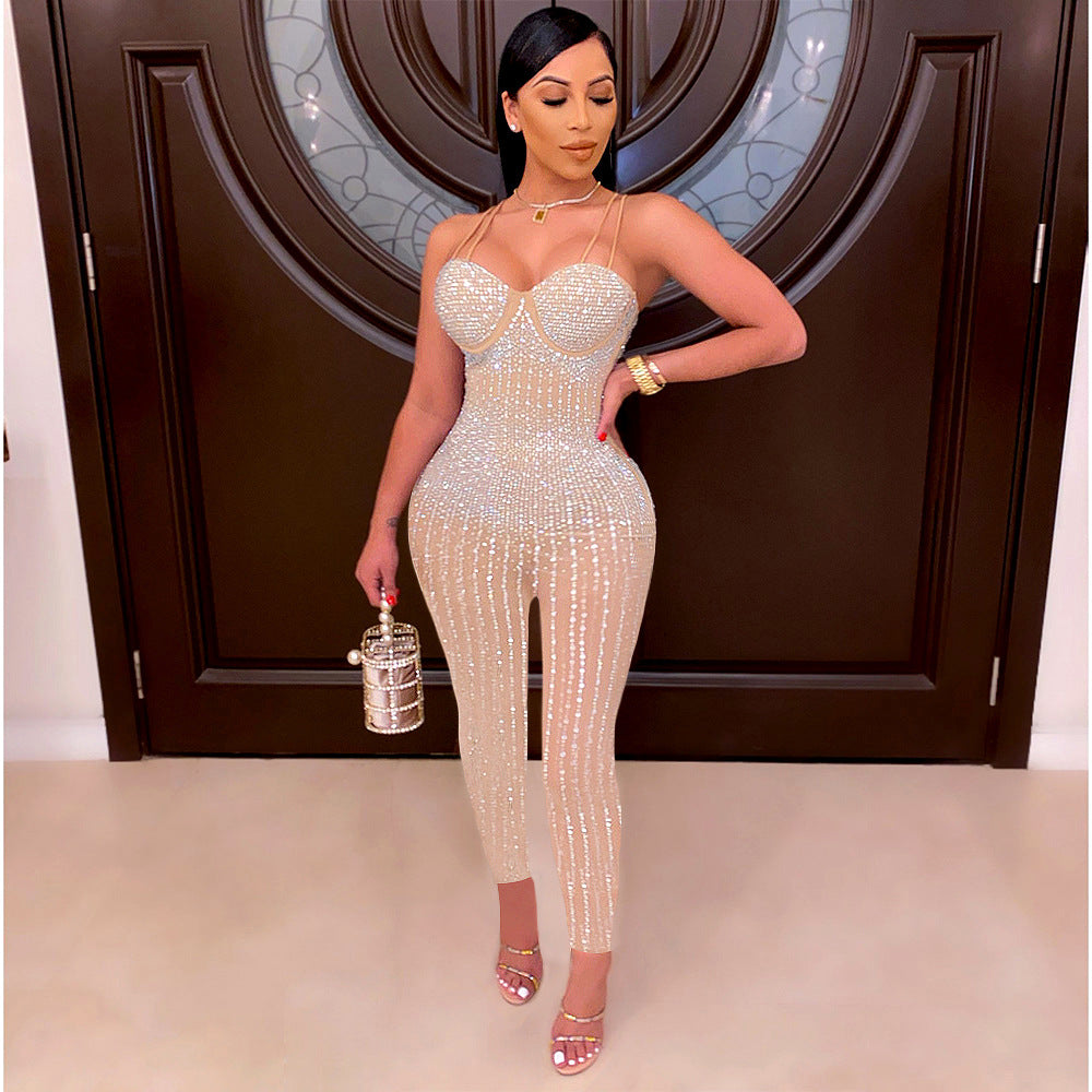 Sparkly Rhinestone Mesh Sleeveless Jumpsuit