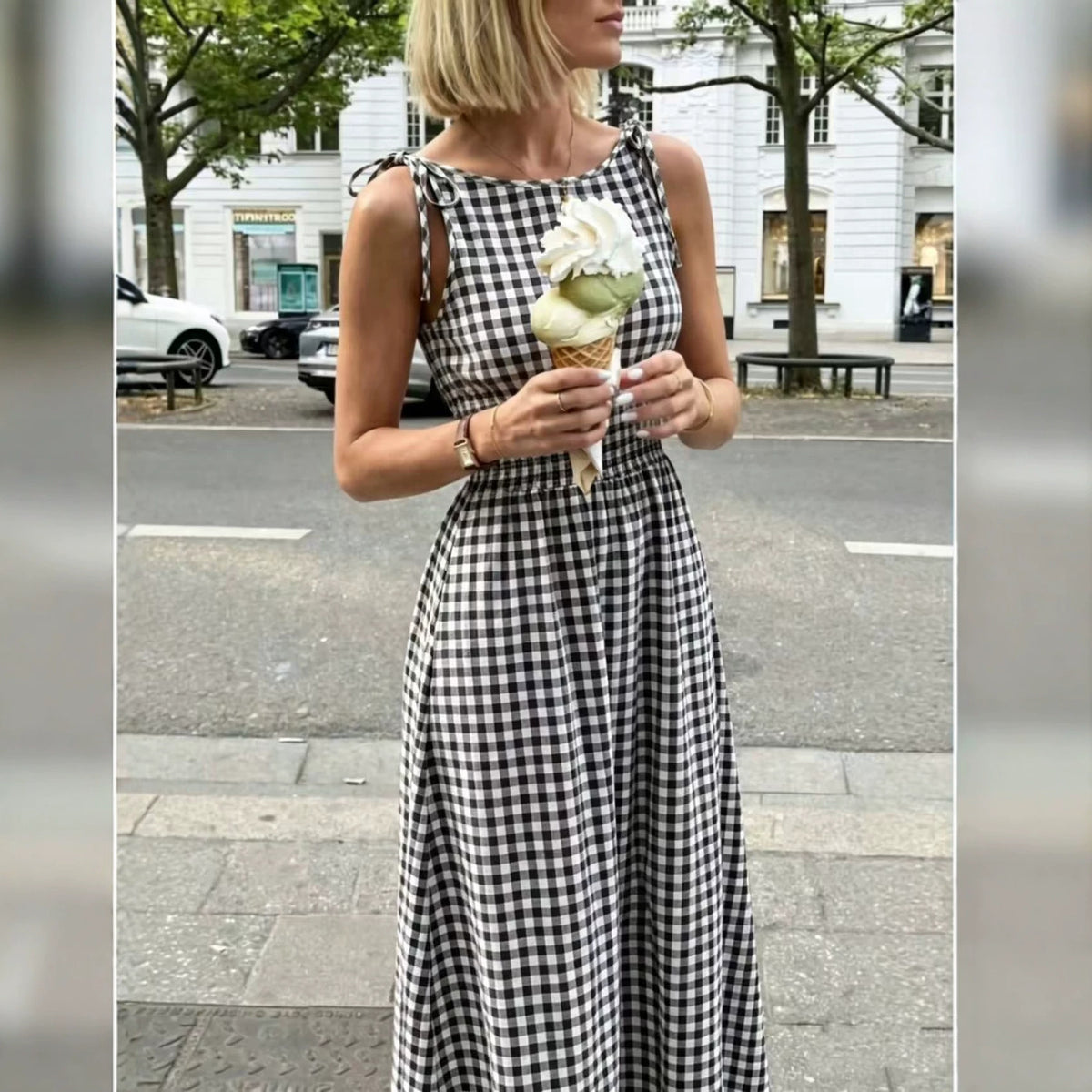 Plaid Bow-Strap Ruffled A-Line Dress